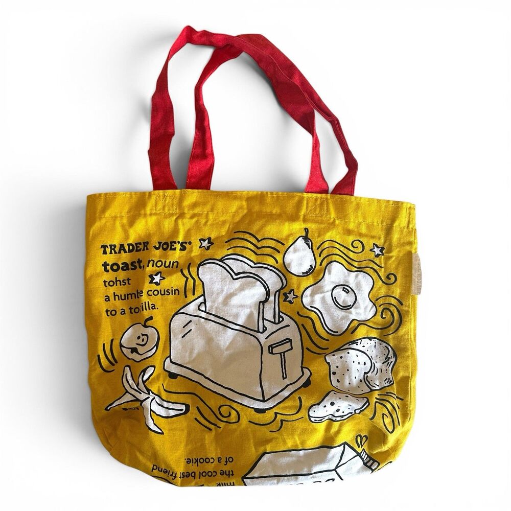 Trader Joe’s VINTAGE Breakfast Tote Bag Yellow Red Reusable Grocery Canvas USA - Picture 3 of 6